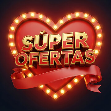 Red heart with gold text super ofertas and ribbon