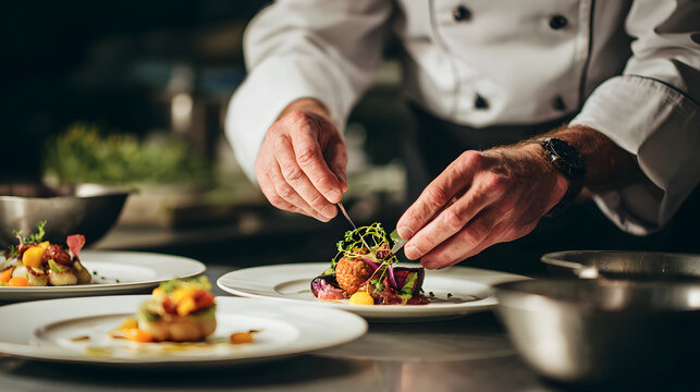 Chef meticulously plating a gourmet dish in a professional kitchen
