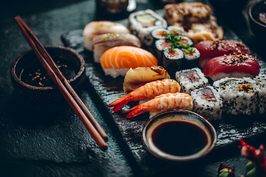 Assorted Japanese Sushi and Sashimi Platter with Chopsticks