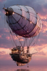 Naklejka premium Steampunk Airship Over Ocean at Sunset With Dramatic Clouds