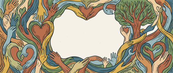 Panoramic Vector Banner Illustration of Diverse Hands Intertwined with Hearts and a Growing Tree, Symbolizing Community Volunteering, Unity, Love, Support, and Social Responsibility with Copy Space