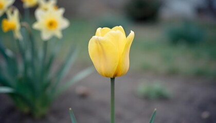 Obraz premium Yellow tulip blooming in a neighborhood garden, symbolizing hope and resilience amidst urban challenges