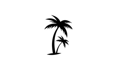Two black silhouette palm trees standing tall on a white background.