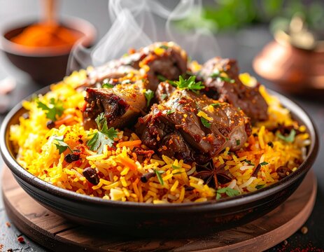 Macro photo of lamb biryani with juicy meat fibers visible, rice grains coated with spices, subtle steam and depth, cinematic food photography style, studio lighting, advertising composition