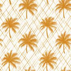 Seamless beach-palm and net overlay pattern: stylized palm fronds as repeating silhouettes, combined with diamond goal-net lattice and gentle sand-grain texture.