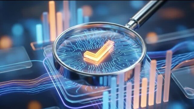 Professional 4K Abstract Animation of a Magnifying Glass Checking Digital Data Flow and Secure Verification