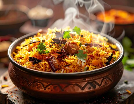 Close-up advertising image of dum style biryani with sealed rice layers gently opened, aromatic steam visible, spices embedded in rice, cinematic food photography, bright clean background