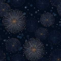 Fototapeta premium Seamless night-sky fireworks line-art pattern: elegant fireworks bursts drawn as thin lines, combined with bokeh light circles and subtle grain on a deep dark background.