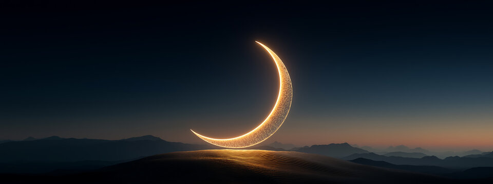 A serene crescent moon glows brightly in the night sky above a mountainous landscape