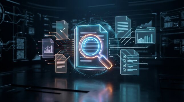 Digital document analysis concept, Holographic magnifying glass searching files. concept of Open recruitment, ATS, HR AI driven