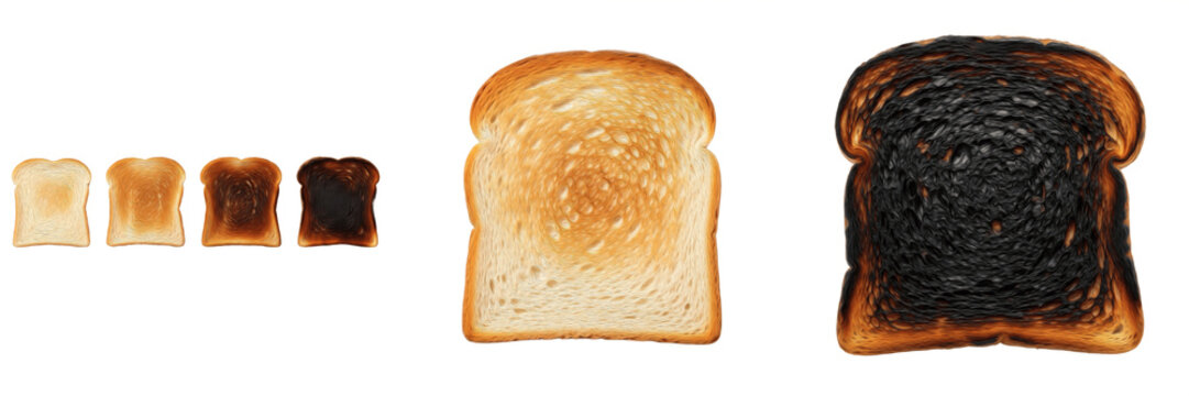 Set of toasted white bread slices from light golden to burnt isolated on white background