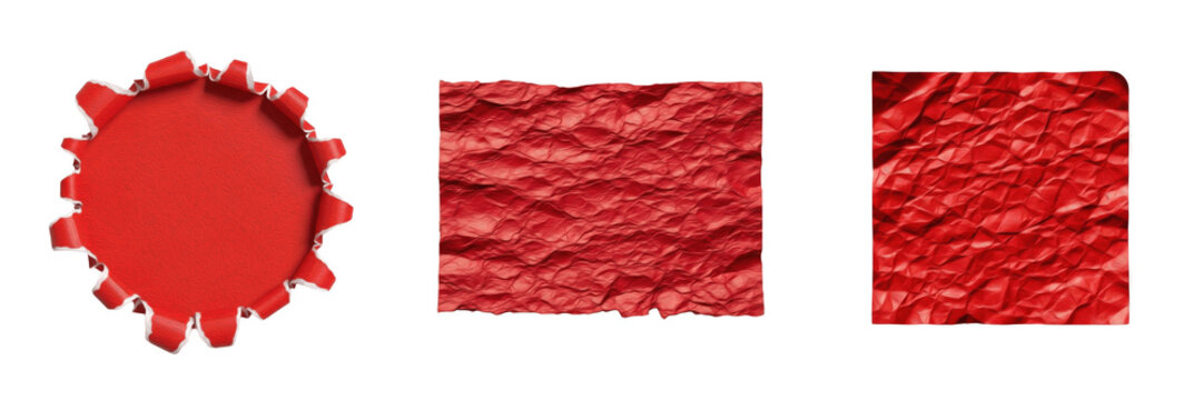 Set of red torn and crumpled paper textures isolated on white background
