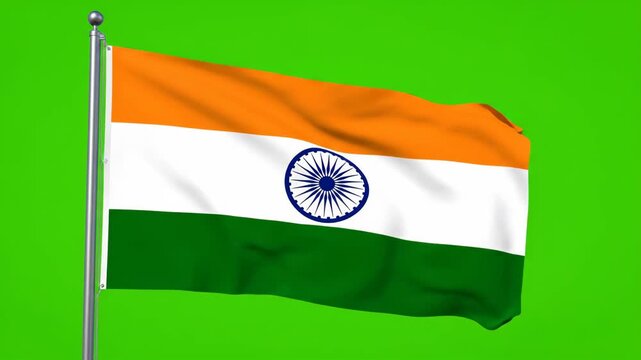 Indian National Flag Waving on Flagpole with Green Screen Background