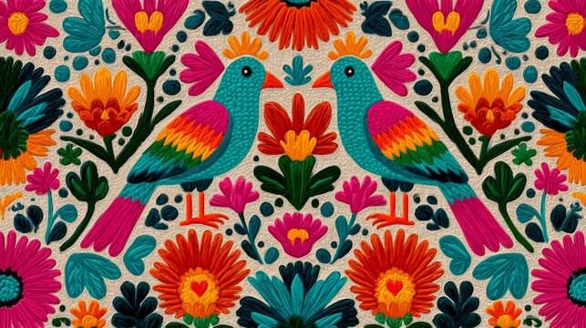 Seamless Mexican folk textile pattern with bold geometric motifs and vibrant colors inspired by traditional Otomi and Aztec designs
