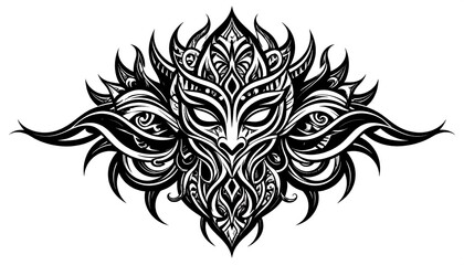 Obraz premium Ornate black and white artwork. Symmetric face design, intricate patterns and swirling lines. Resembling a stylized mask, radiant details