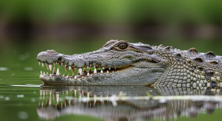Obraz premium Close-up of a crocodile in the water with its mouth slightly open.