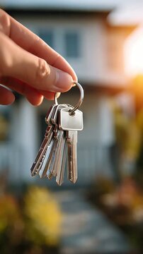 Close up vertical shot of a hand holding house keys in front of a blurred new home.