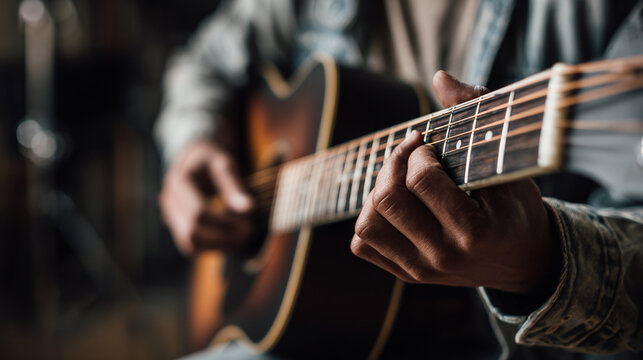 Close-Up of Musician Strumming Acoustic Guitar: Passionate Performance and Creative Melody in Studio Jam Session