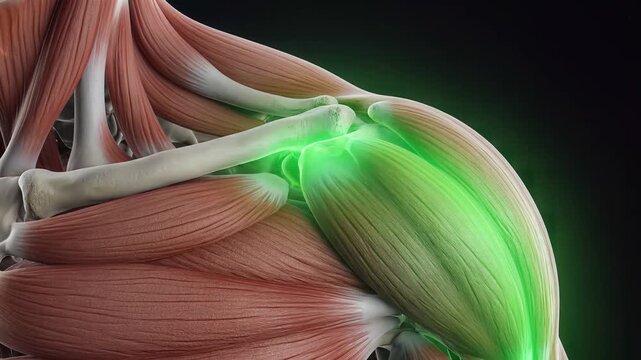 Detailed 3d render visualizing the shoulder joint anatomy, highlighted by a strong green glow.