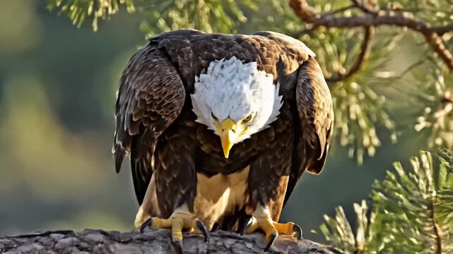 A bald eagle perches on a branch, wings spread, in a serene forest environment, viewed from a slight low angle