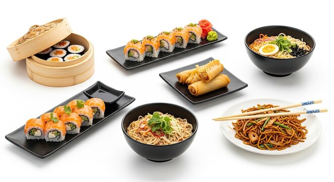 A variety of Asian cuisine dishes, including sushi, ramen, and noodles, arranged on a white background.