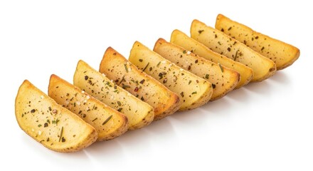A row of crispy potato wedges with herbs and spices on a white background.