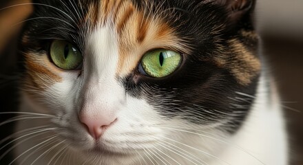 Close-up of a focused calico cat with green eyes.