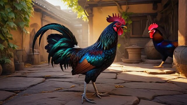 Majestic rooster strutting through rustic courtyard with vibrant feathers