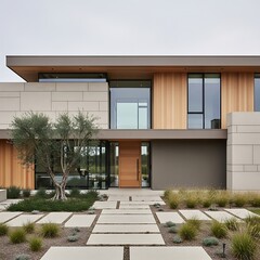 Fototapeta premium Modern house with wooden accents exterior.