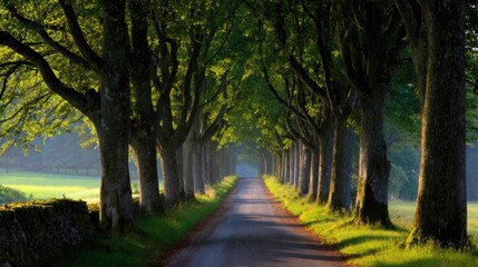 Obraz premium Tree-lined lane bathed in warm sunlight, a tranquil path narrowing into a distant shaded avenue inviting calm