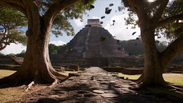 Ancient Mayan pyramid ruins in Chichen Itza Mexico with large trees and stone path on sunny day motion footage