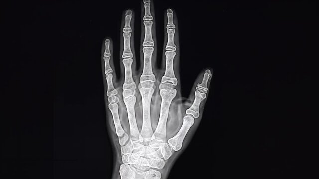 High-contrast monochrome x-ray of a human hand skeleton displaying clear phalanges in a dark medical setting.