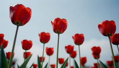 Obraz premium Vibrant red tulips in a field under a clear blue sky, symbolizing hope and growth in brain health and caregiver support