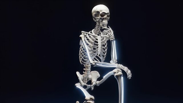 A high-contrast 3d rendering of a human skeleton sitting in a pensive pose on a dark background.