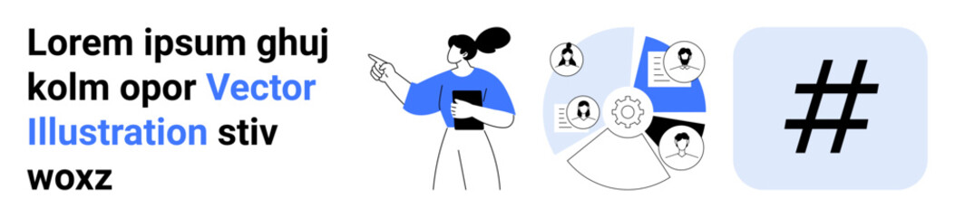 Fototapeta premium Woman holding a folder pointing at floating analytics and profile icons next to a bold metadata tag graphic. Ideal for teamwork, data sharing, networking, management, organization, training, simple