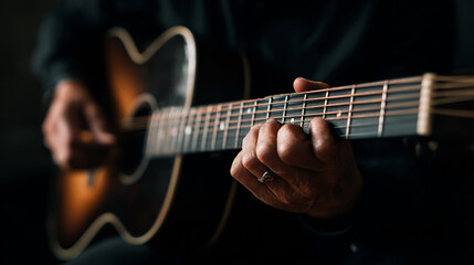Obraz premium Acoustic Guitar Playing: Close-Up on Musician's Hands Strumming Melody with Passion and Emotion