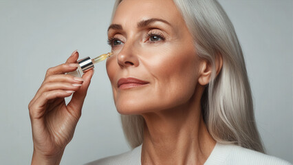Obraz premium Anti aging serum application by mature woman studio setting lifestyle content close-up view skincare concept