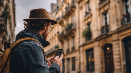 Young traveler uses smartphone for AR navigation in city street during daytime in Europe with focus on architecture