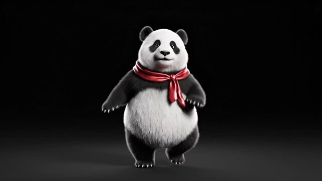 A dancing panda wearing a red scarf stands alone on a dark floor, a 3D illustration viewed from the front.