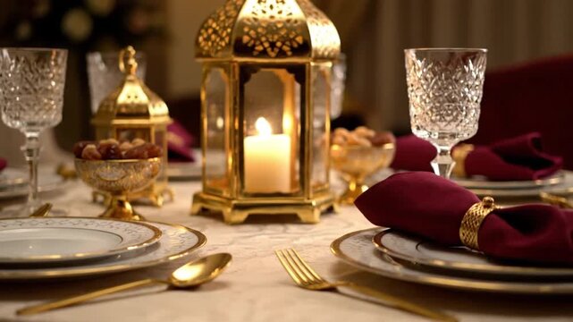 Candlelit dinner table setting with red napkins, fine china, and gold cutlery in an elegant dining environment