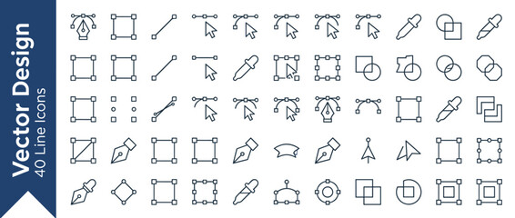Vector Design Line Icon Set of 40 Graphic Design Tools Including Pen Tool, Anchor Points, Nodes, Selection Cursors, Eyedropper, and Geometric Shapes for UI UX Web Development and Digital Art Software