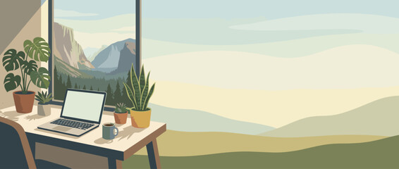 Panoramic Vector Illustration of a Cozy Remote Workspace with Laptop, Coffee, and Houseplants on a Desk by a Window Overlooking a Scenic Mountain Landscape and Forest View for Web Banner Design.