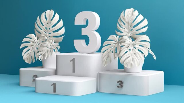 Podium with numbers and white tropical leaves on blue background