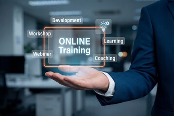 Fototapeta premium Businessman showing virtual online training interface with learning and development concepts