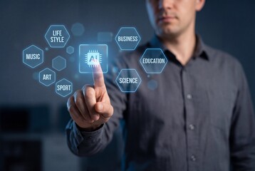 Man touching virtual AI chip icon surrounded by glowing hexagonal business and education symbols