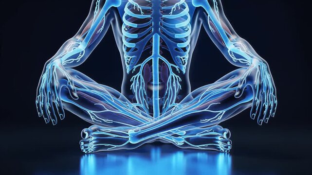 Intense blue 3d human anatomy meditating, showing skeletal and nervous systems on a dark studio background.