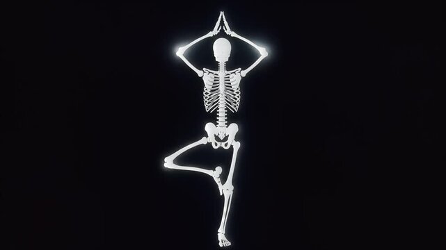 A glowing 3d render of a human skeleton performing the yoga tree pose against a dark background.