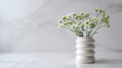Fototapeta premium A white ceramic vase with horizontal ridges sits on a smooth marble surface with light grey veining,