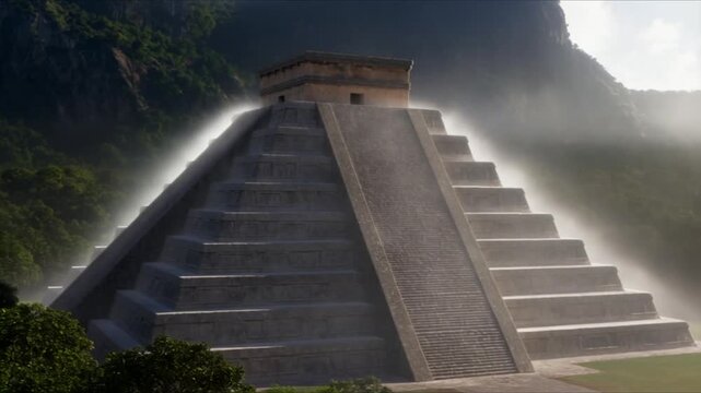Ancient mesoamerican pyramid ruins revealing mystical stone temple complex with carved mythological serpent reliefs in jungle