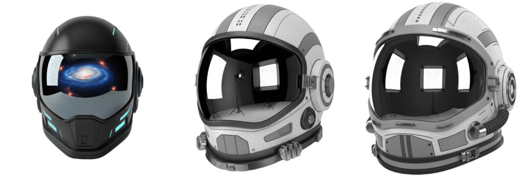 Collection of futuristic astronaut space helmets isolated on white background